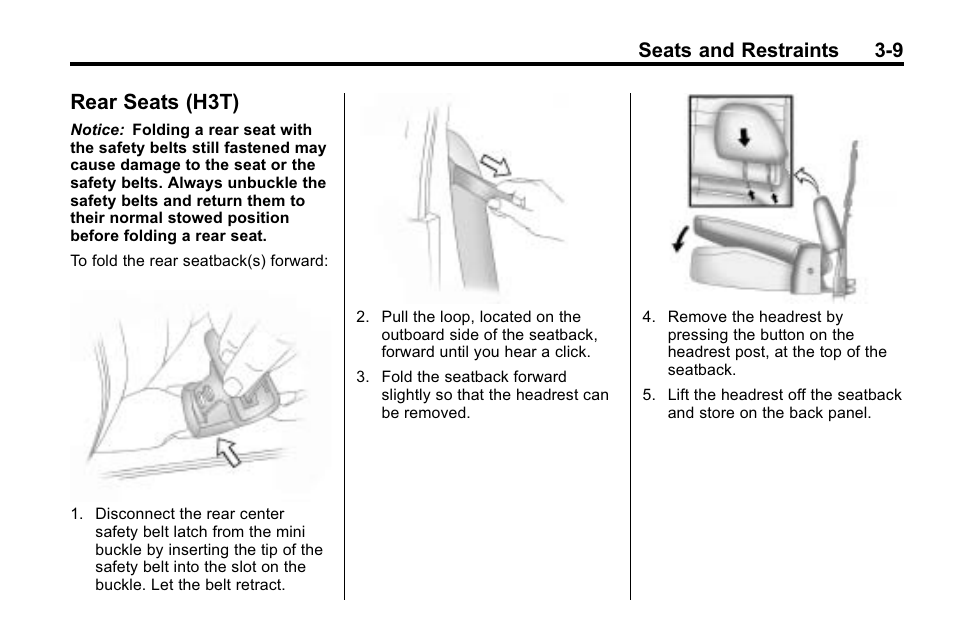 Rear seats (h3t), Rear seats (h3t) -9, Seats and restraints 3-9 | Hummer 2010 H3 User Manual | Page 53 / 410