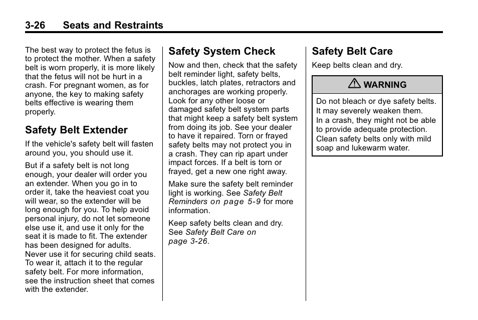 Safety belt extender, Safety system check, Safety belt care | Safety belt extender -26, Safety system check -26 safety belt care -26 | Hummer 2010 H3 User Manual | Page 70 / 410