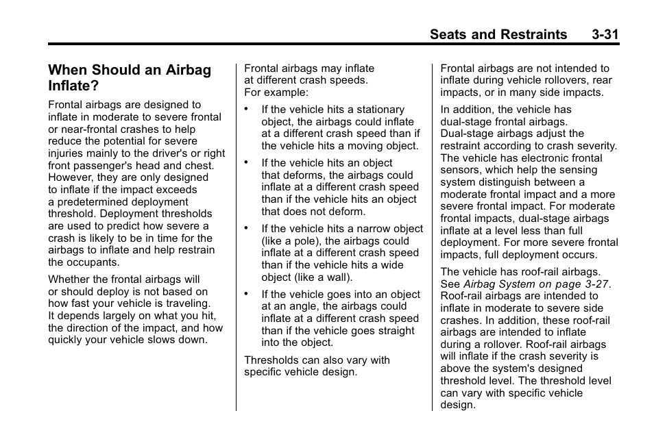 When should an airbag inflate, When should an airbag, Inflate? -31 | Seats and restraints 3-31 | Hummer 2010 H3 User Manual | Page 75 / 410