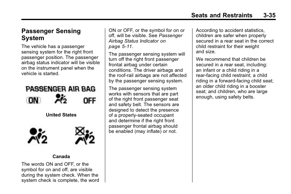 Passenger sensing system, Sensing, System -35 | Securing, Seats and restraints 3-35 | Hummer 2010 H3 User Manual | Page 79 / 410