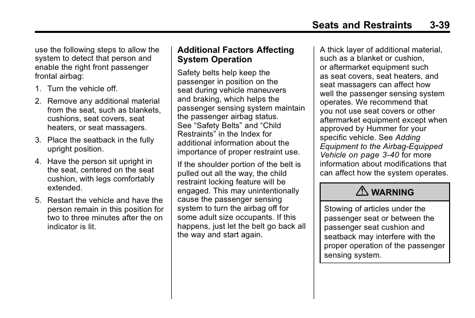 Seats and restraints 3-39 | Hummer 2010 H3 User Manual | Page 83 / 410