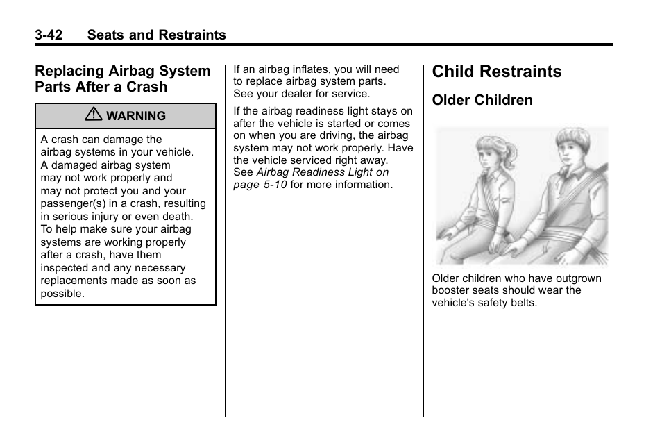 Replacing airbag system parts after a crash, Child restraints, Older children | Child restraints -42, Phone, Airbag system, Parts after a crash -42, Older children -42 | Hummer 2010 H3 User Manual | Page 86 / 410