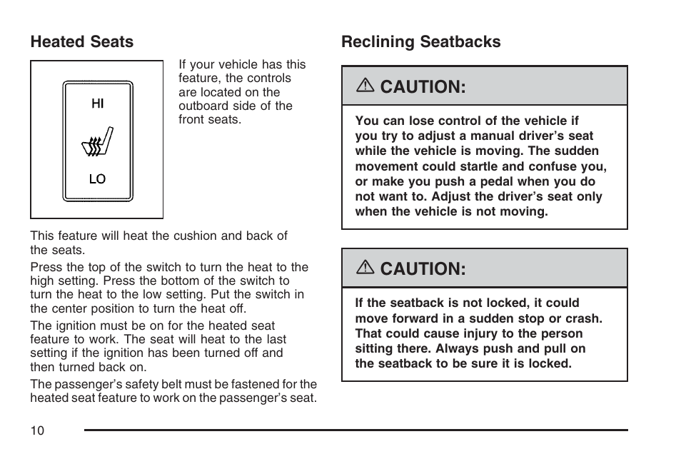 Heated seats, Reclining seatbacks, Heated seats reclining seatbacks | Hummer 2007 H3 User Manual | Page 10 / 480
