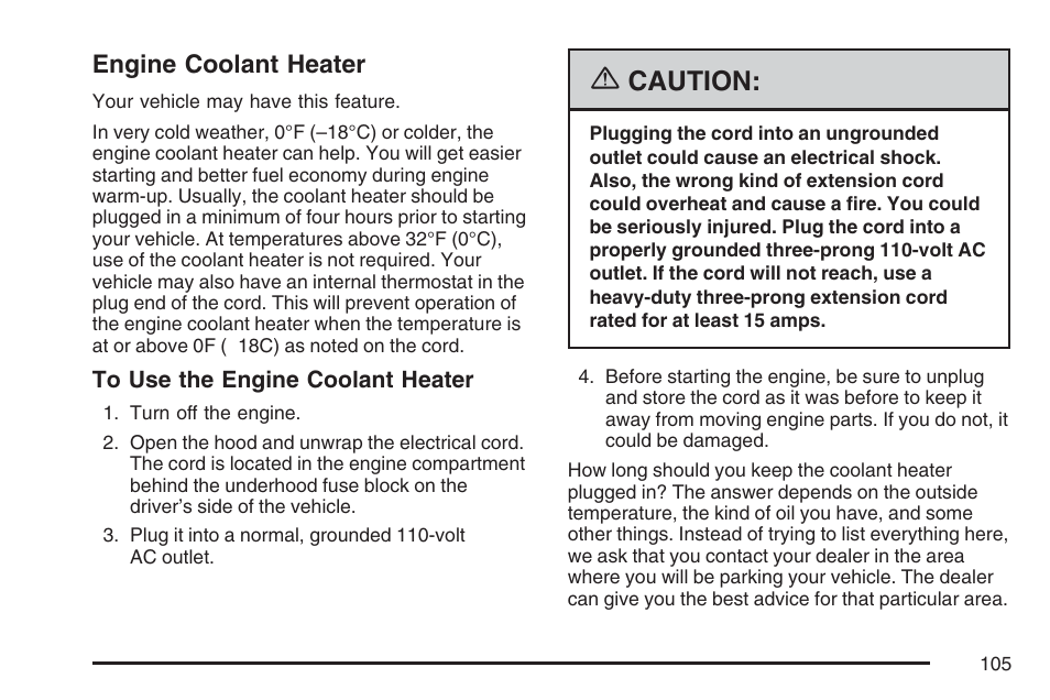 Engine coolant heater, Caution | Hummer 2007 H3 User Manual | Page 105 / 480