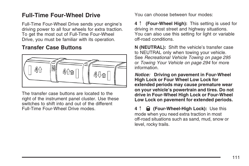 Full-time four-wheel drive | Hummer 2007 H3 User Manual | Page 111 / 480