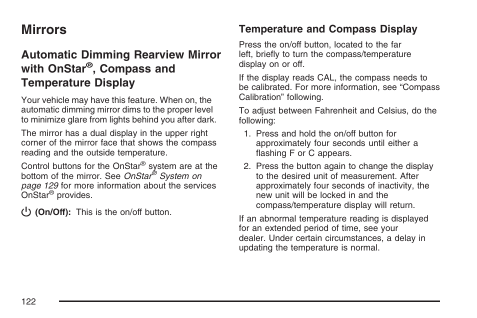 Mirrors, Automatic dimming rearview mirror, With onstar | Compass and, Temperature display, Automatic dimming rearview mirror with onstar, Compass and temperature display | Hummer 2007 H3 User Manual | Page 122 / 480