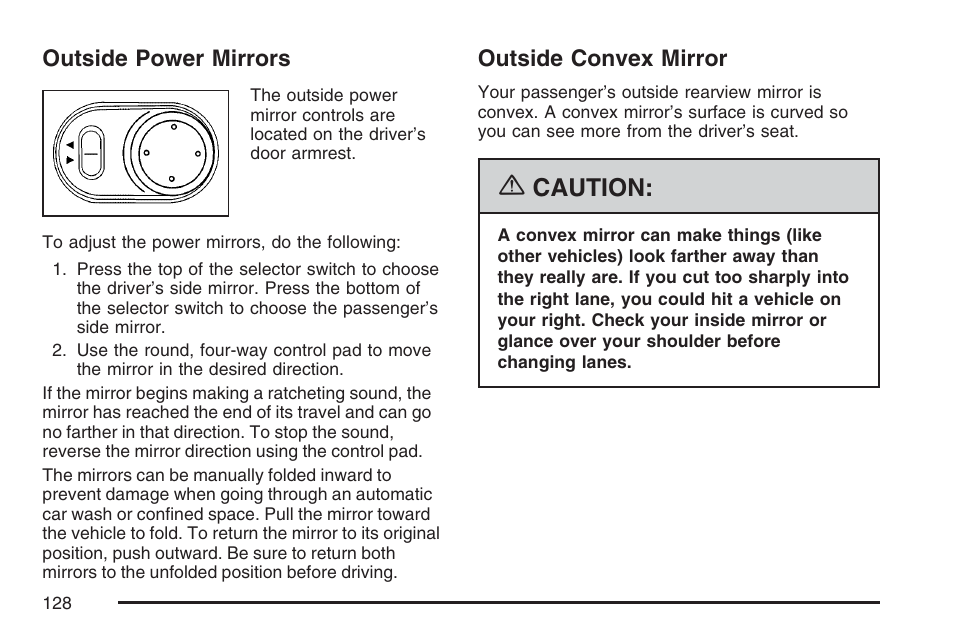 Outside power mirrors, Outside convex mirror, Outside power mirrors outside convex mirror | Caution | Hummer 2007 H3 User Manual | Page 128 / 480