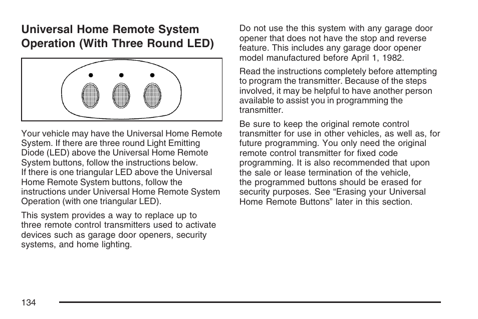 Universal home remote system, Operation (with three round led) | Hummer 2007 H3 User Manual | Page 134 / 480