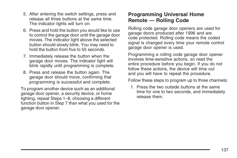 Programming universal home remote — rolling code | Hummer 2007 H3 User Manual | Page 137 / 480