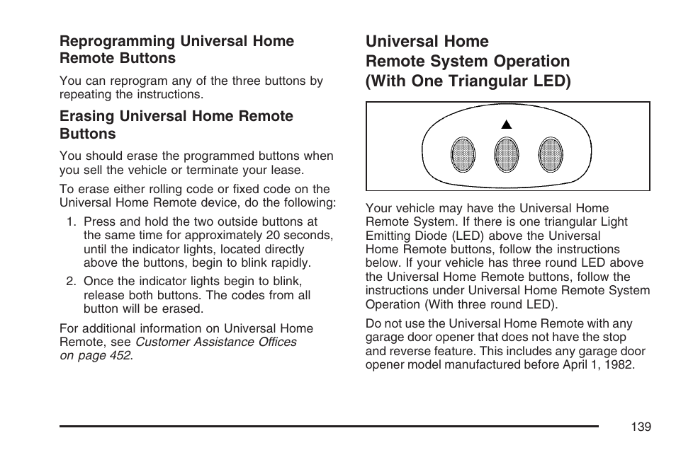 Universal home remote system, Operation (with one triangular led) | Hummer 2007 H3 User Manual | Page 139 / 480