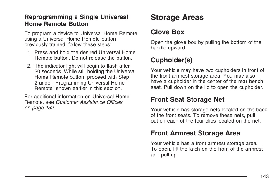 Storage areas, Glove box, Cupholder(s) | Front seat storage net, Front armrest storage area | Hummer 2007 H3 User Manual | Page 143 / 480