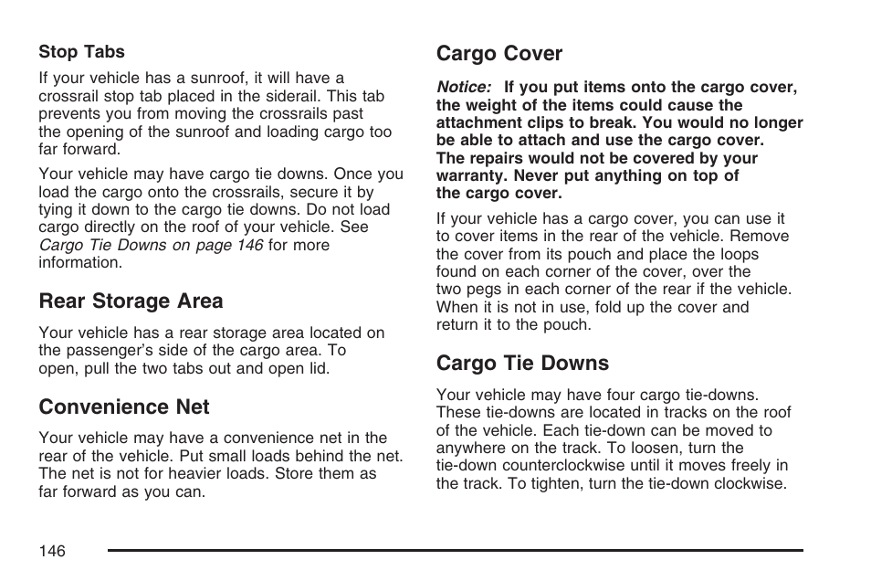 Rear storage area, Convenience net, Cargo cover | Cargo tie downs | Hummer 2007 H3 User Manual | Page 146 / 480