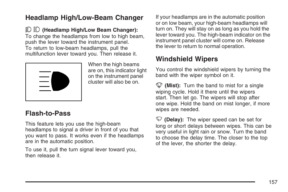 Headlamp high/low-beam changer, Flash-to-pass, Windshield wipers | Hummer 2007 H3 User Manual | Page 157 / 480
