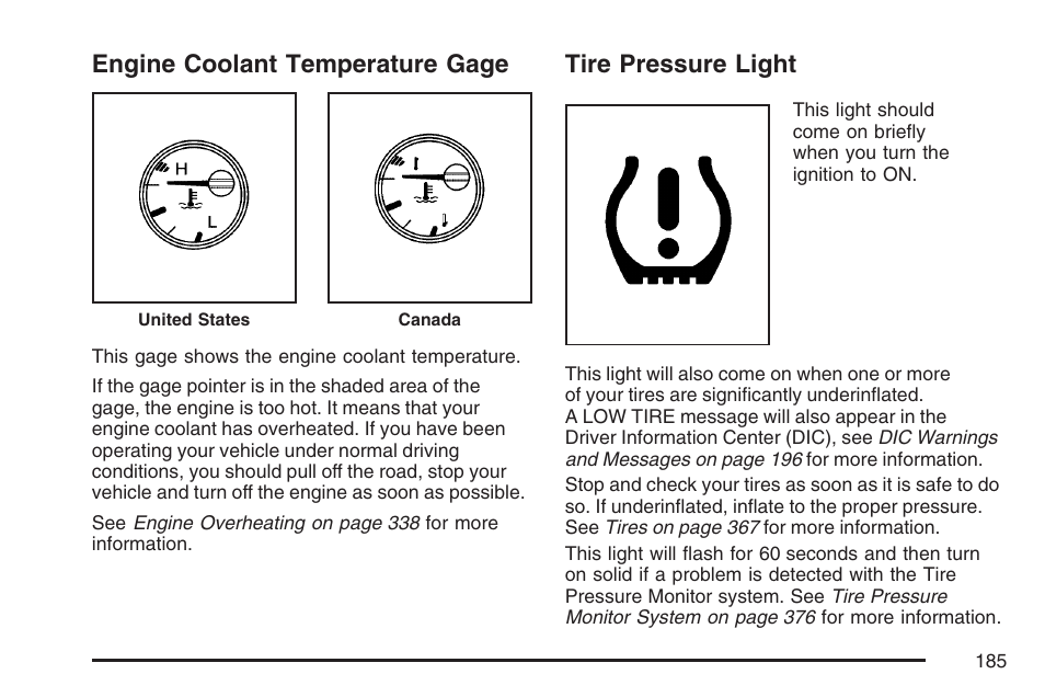 Engine coolant temperature gage, Tire pressure light | Hummer 2007 H3 User Manual | Page 185 / 480