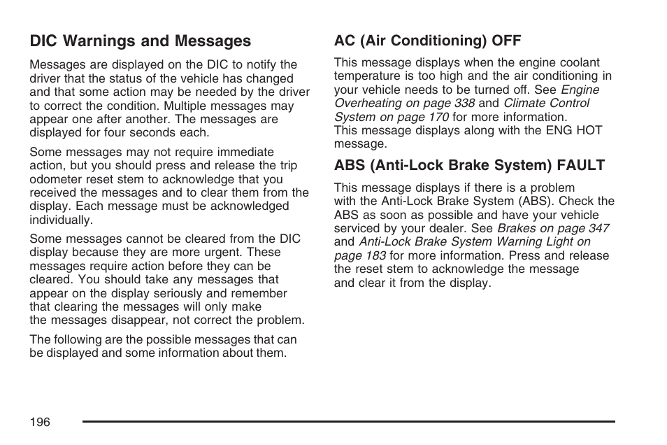 Dic warnings and messages | Hummer 2007 H3 User Manual | Page 196 / 480