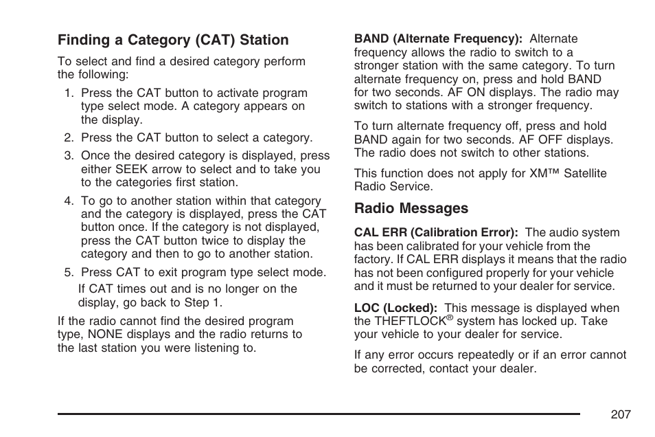 Finding a category (cat) station, Radio messages | Hummer 2007 H3 User Manual | Page 207 / 480