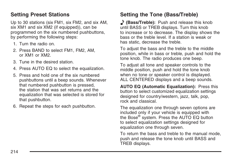 Setting preset stations, Setting the tone (bass/treble) e | Hummer 2007 H3 User Manual | Page 214 / 480
