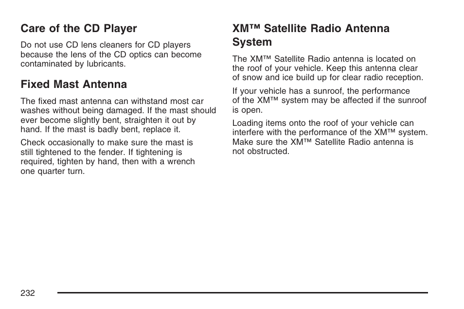Care of the cd player, Fixed mast antenna, Xm™ satellite radio antenna system | Hummer 2007 H3 User Manual | Page 232 / 480