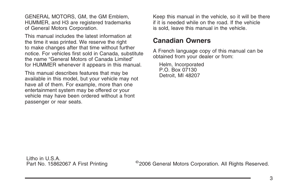 Canadian owners | Hummer 2007 H3 User Manual | Page 3 / 480