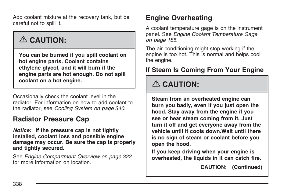 Radiator pressure cap, Engine overheating, Radiator pressure cap engine overheating | Caution | Hummer 2007 H3 User Manual | Page 338 / 480