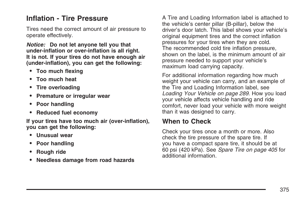 Inflation - tire pressure | Hummer 2007 H3 User Manual | Page 375 / 480