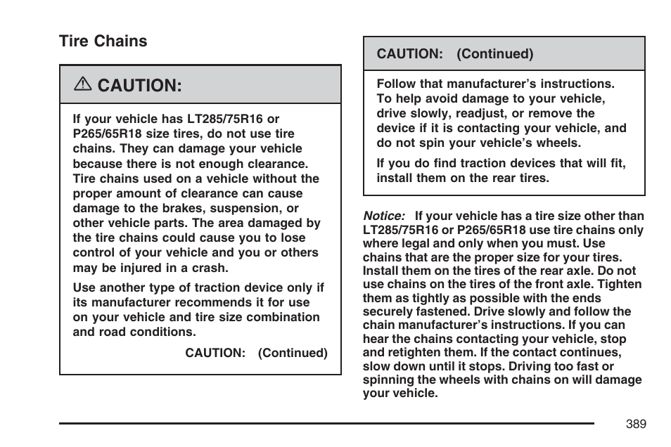 Tire chains, Caution | Hummer 2007 H3 User Manual | Page 389 / 480