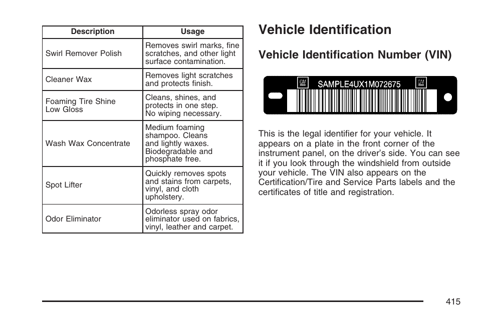 Vehicle identification, Vehicle identification number (vin) | Hummer 2007 H3 User Manual | Page 415 / 480
