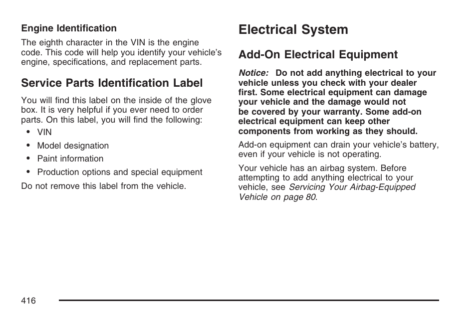 Service parts identification label, Electrical system, Add-on electrical equipment | Hummer 2007 H3 User Manual | Page 416 / 480