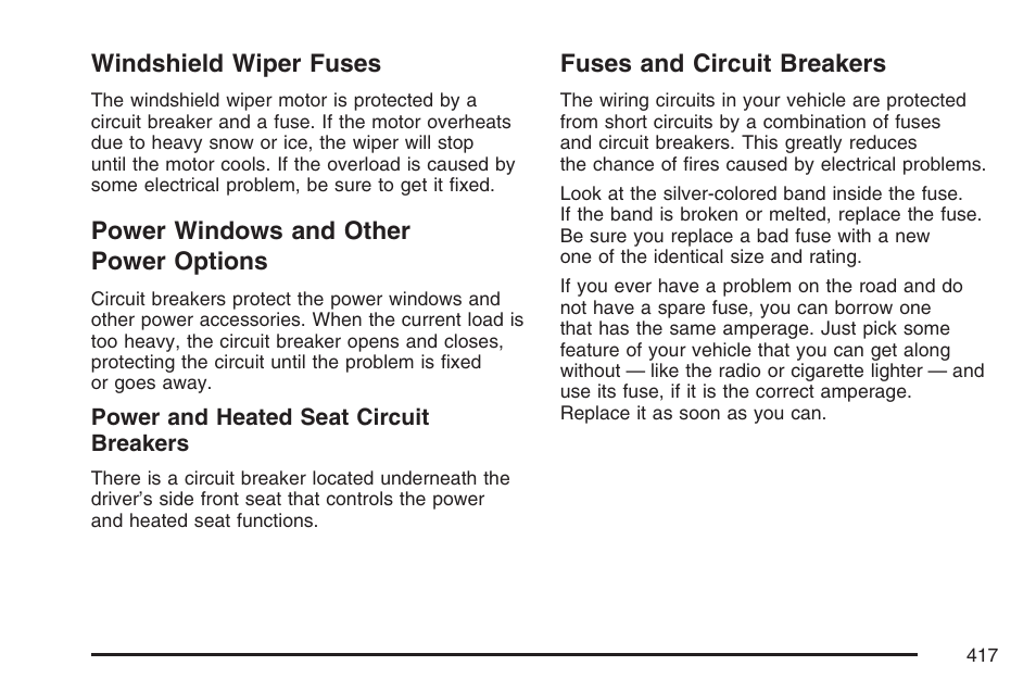 Windshield wiper fuses, Power windows and other power options, Fuses and circuit breakers | Options | Hummer 2007 H3 User Manual | Page 417 / 480