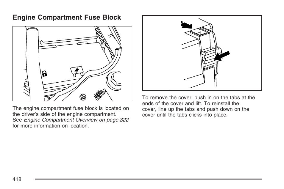 Engine compartment fuse block, Engine, Compartment fuse block | Hummer 2007 H3 User Manual | Page 418 / 480