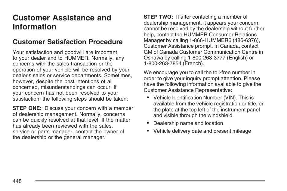 Customer assistance and information, Customer satisfaction procedure | Hummer 2007 H3 User Manual | Page 448 / 480