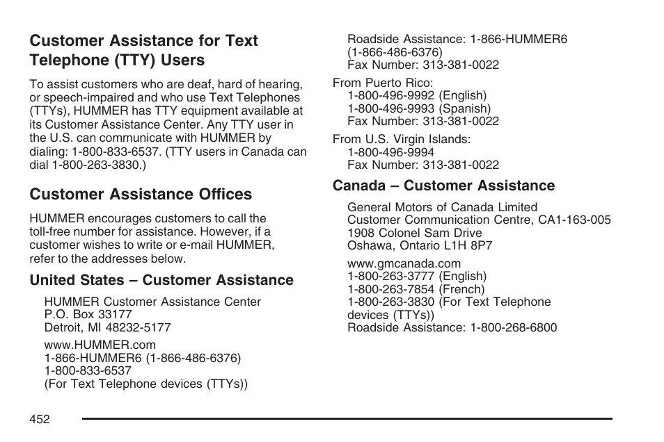 Customer assistance for text telephone (tty) users, Customer assistance offices, Customer assistance for text | Telephone (tty) users | Hummer 2007 H3 User Manual | Page 452 / 480