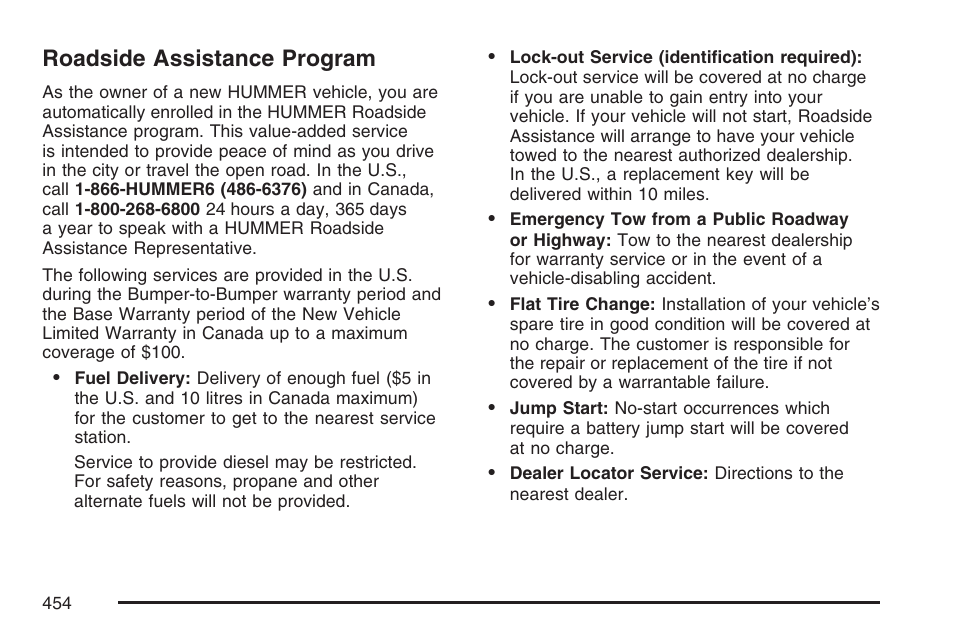 Roadside assistance program | Hummer 2007 H3 User Manual | Page 454 / 480