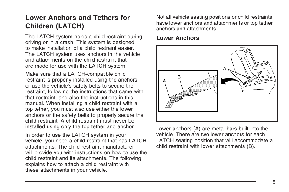 Lower anchors and tethers for children (latch), Lower anchors and tethers for, Children (latch) | Hummer 2007 H3 User Manual | Page 51 / 480