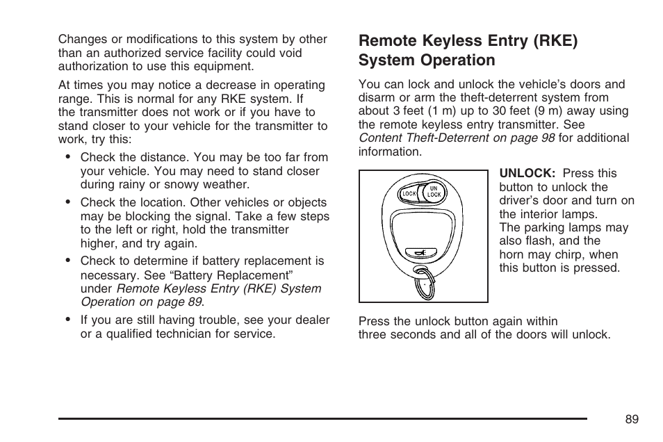 Remote keyless entry (rke) system operation, Remote keyless entry (rke), System operation | Hummer 2007 H3 User Manual | Page 89 / 480