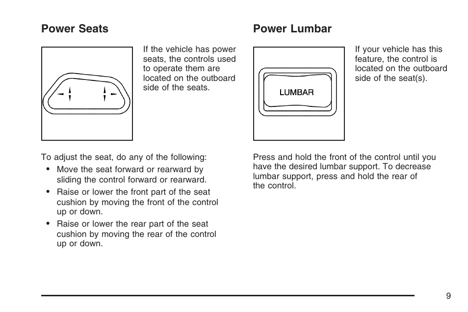 Power seats, Power lumbar, Power seats power lumbar | Hummer 2007 H3 User Manual | Page 9 / 480