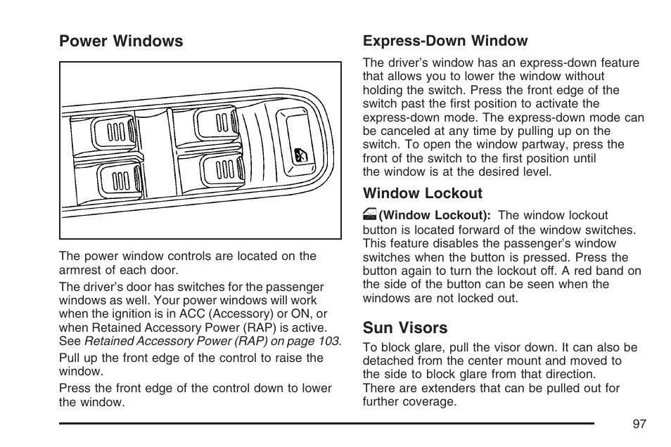 Power windows, Sun visors, Power windows sun visors | Hummer 2007 H3 User Manual | Page 97 / 480