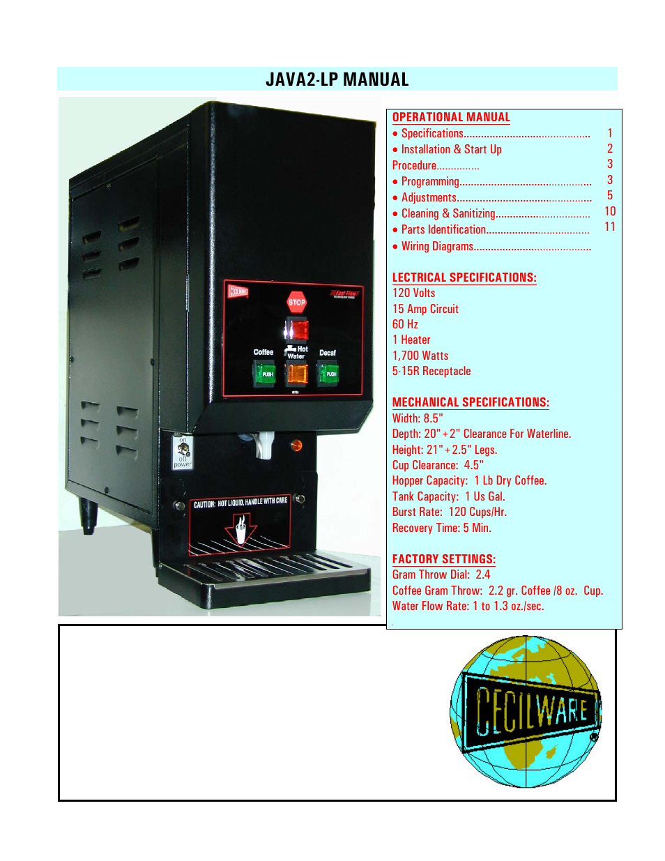 Cecilware JAVA2-LP User Manual | 12 pages