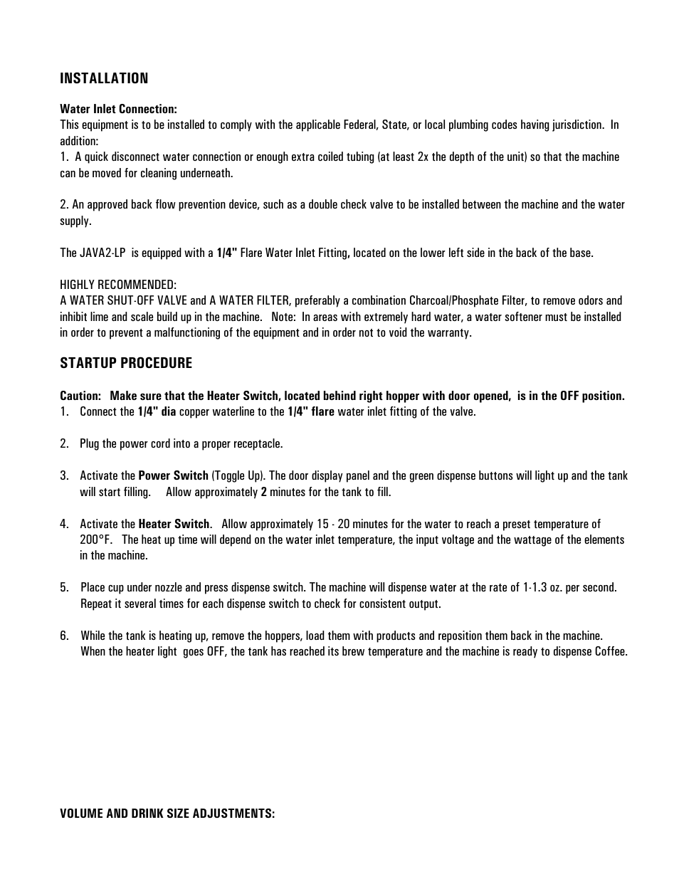 Installation, Startup procedure | Cecilware JAVA2-LP User Manual | Page 2 / 12