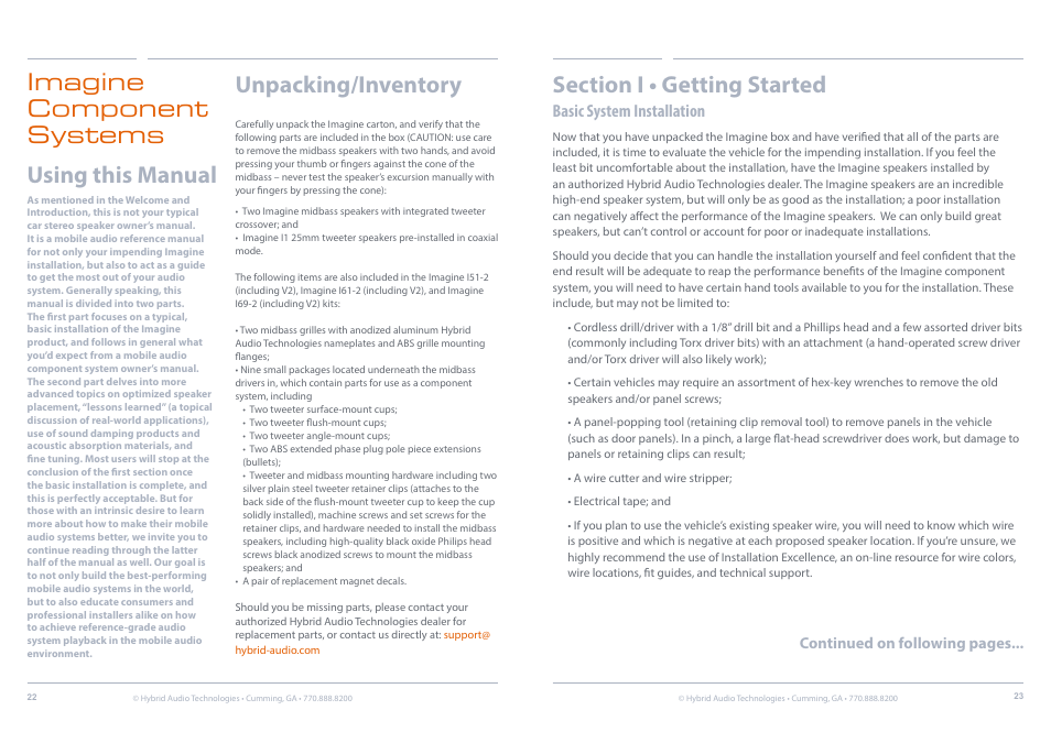 Basic system installation & coaxial, Unpacking/inventory, Imagine component systems using this manual | Basic system installation, Continued on following pages | Hybrid Audio Technologies Imagine Series Components User Manual | Page 12 / 21