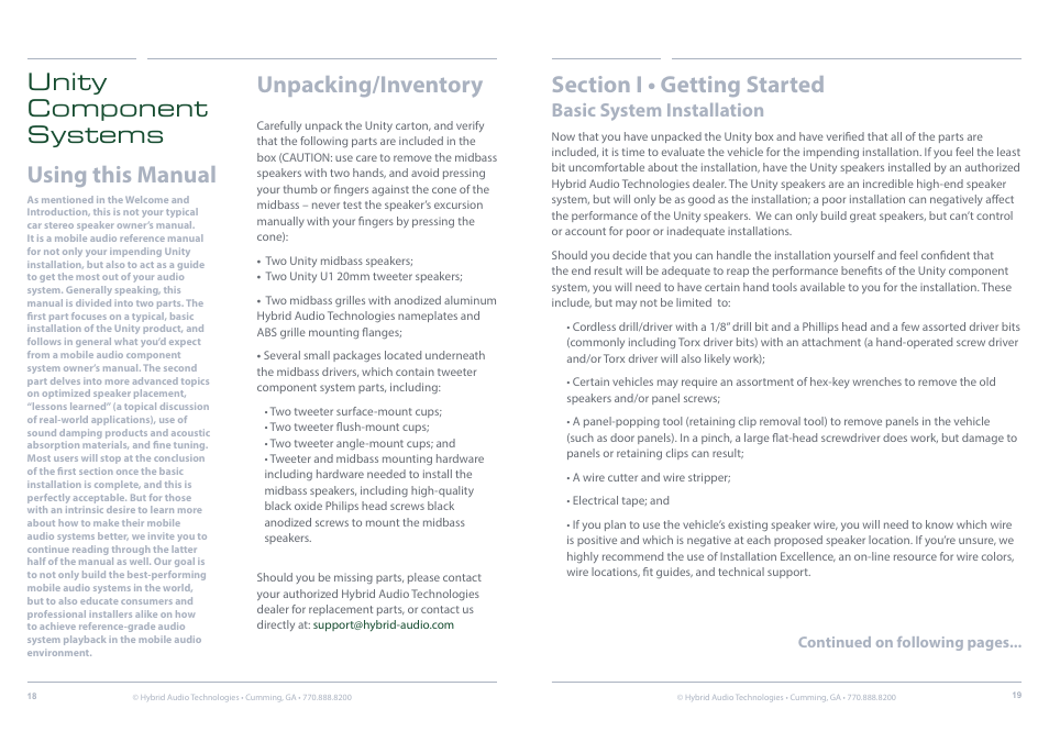 Basic system installation, Unpacking/inventory, Unity component systems using this manual | Hybrid Audio Technologies Unity Series User Manual | Page 10 / 18