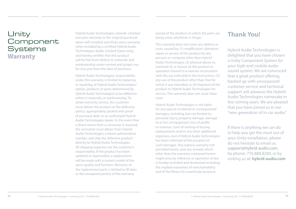 Warranty | Hybrid Audio Technologies Unity Series User Manual | Page 17 / 18