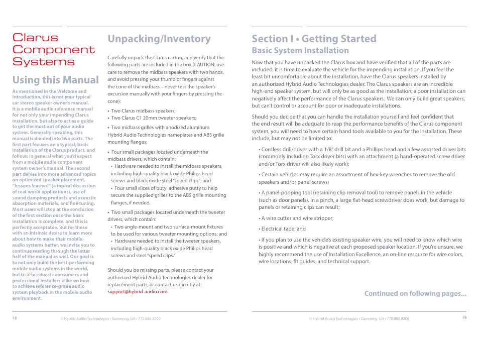 Getting started, Basic system installation, Unpacking/inventory | Clarus component systems using this manual | Hybrid Audio Technologies Clarus Series Components User Manual | Page 10 / 18