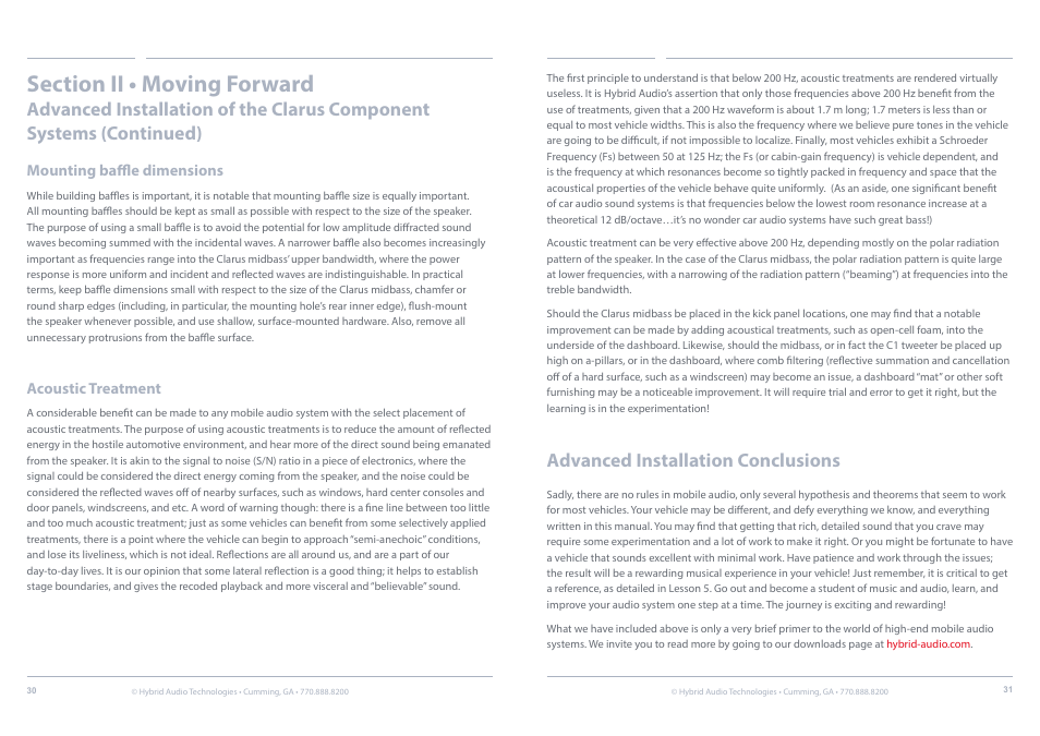 Acoustic, Treatment, E detail on | Advanced installation conclusions | Hybrid Audio Technologies Clarus Series Components User Manual | Page 16 / 18