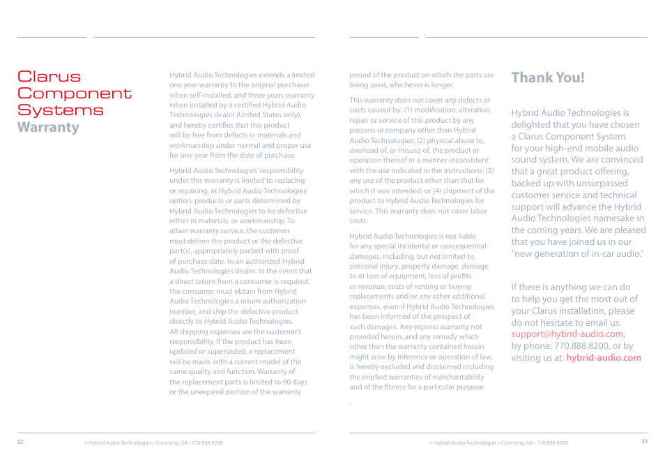 Warranty | Hybrid Audio Technologies Clarus Series Components User Manual | Page 17 / 18