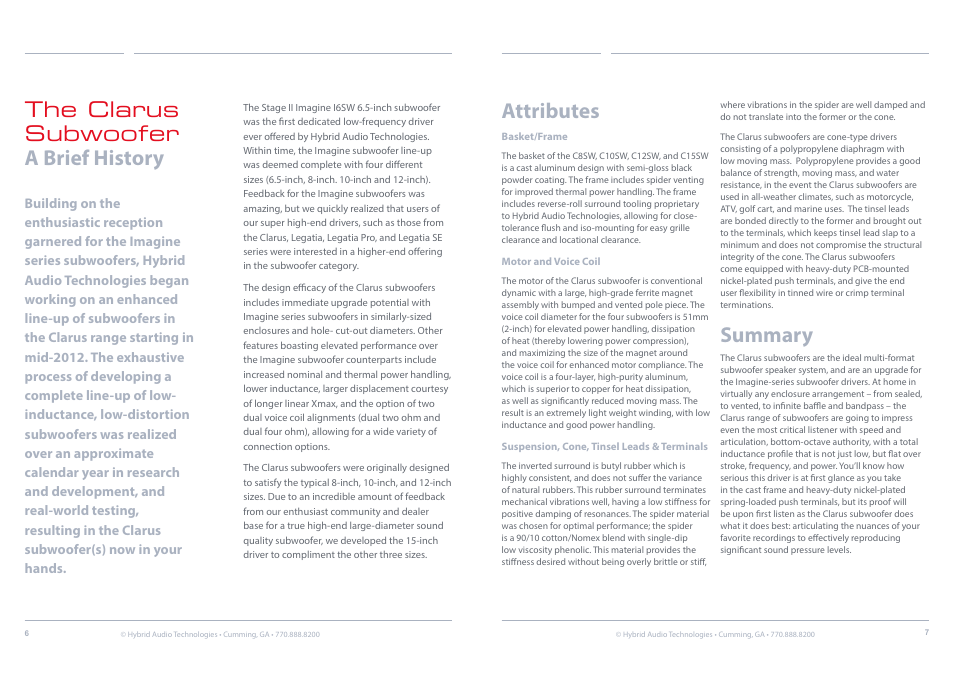 Attributes and, Summary, Attributes | The clarus subwoofer a brief history | Hybrid Audio Technologies Clarus Series Subwoofer User Manual | Page 4 / 10