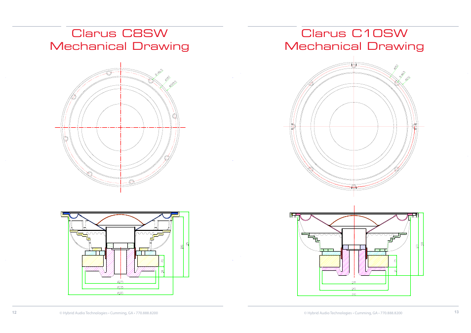 Mechanical drawings, C8sw, c10sw, c12sw | Hybrid Audio Technologies Clarus Series Subwoofer User Manual | Page 7 / 10