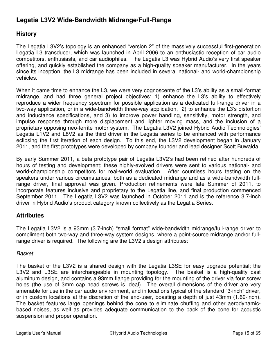 Legatia l3v2 wide-bandwidth midrange/full-range | Hybrid Audio Technologies Legatia User Manual | Page 15 / 65