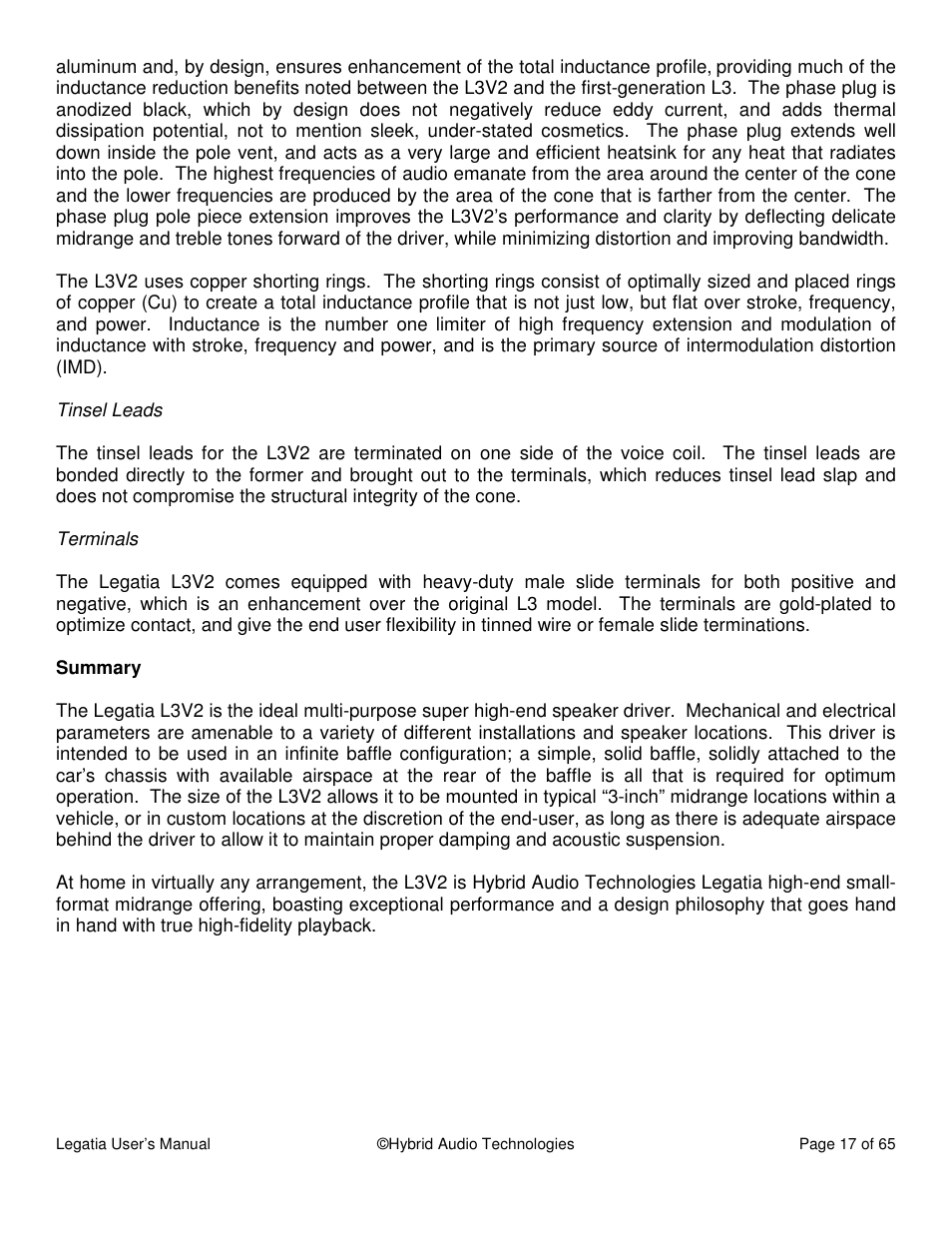 Hybrid Audio Technologies Legatia User Manual | Page 17 / 65