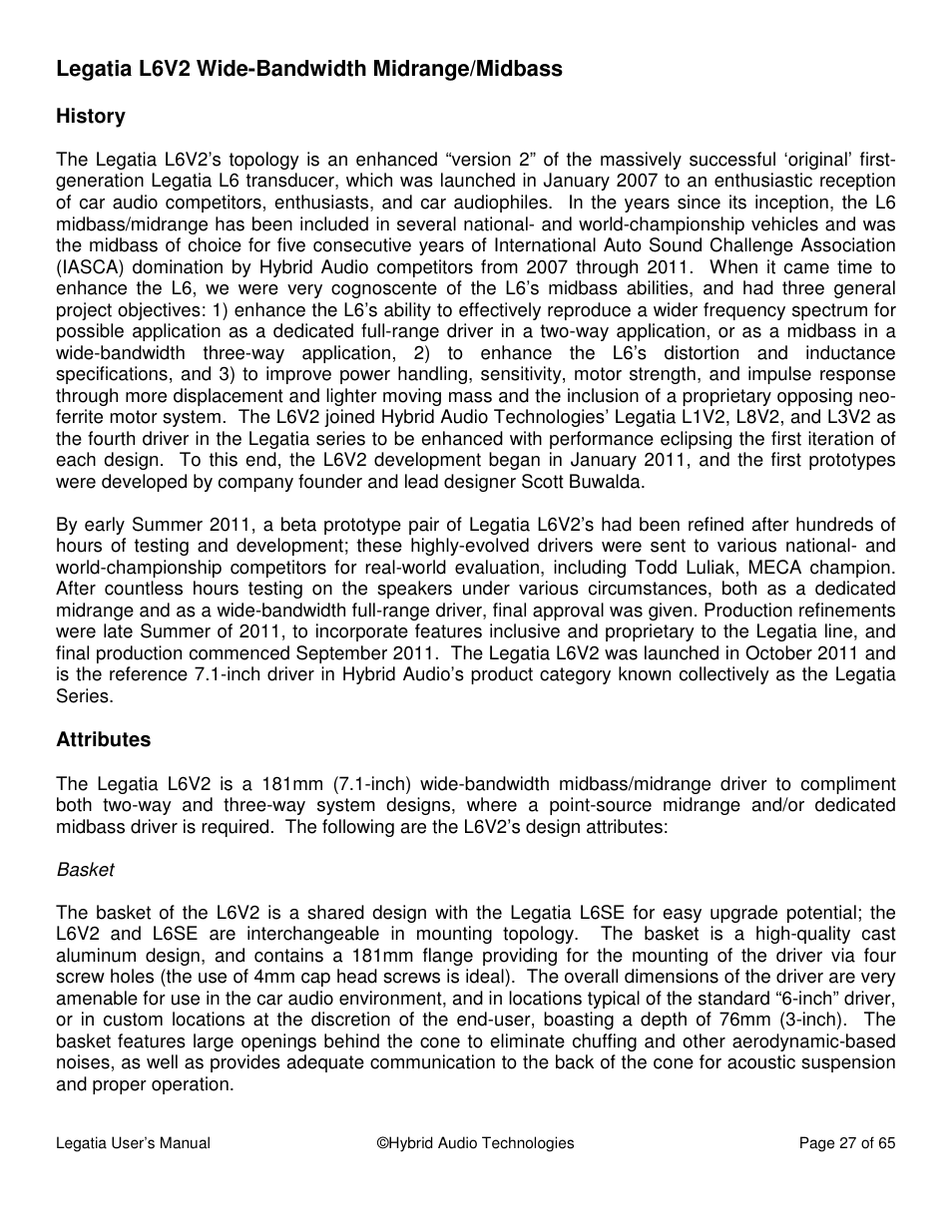 Legatia l6v2 wide-bandwidth midrange/midbass | Hybrid Audio Technologies Legatia User Manual | Page 27 / 65